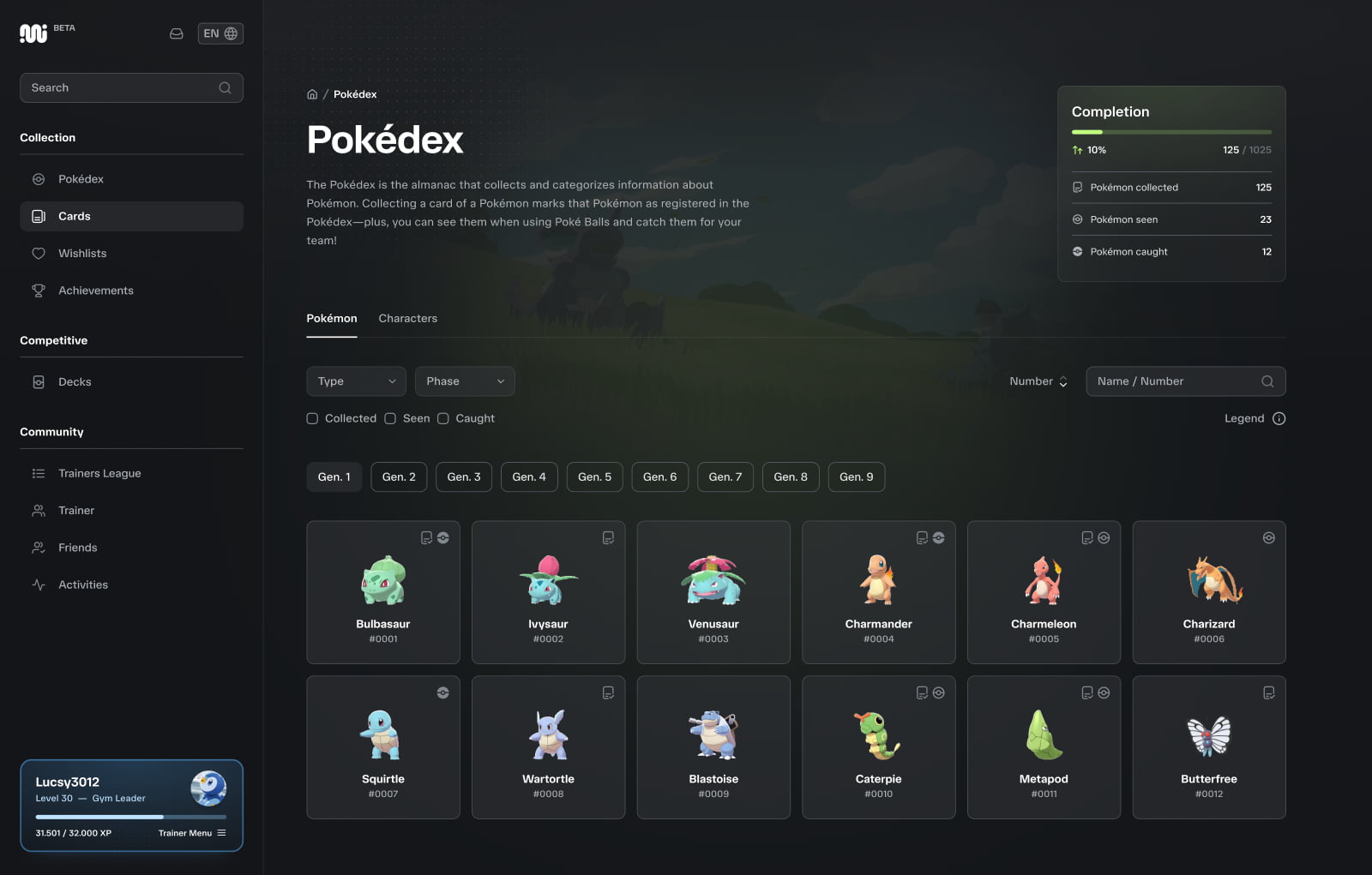 Screenshot of the Pokédex page which shows the first 12 Pokémon and a progress bar